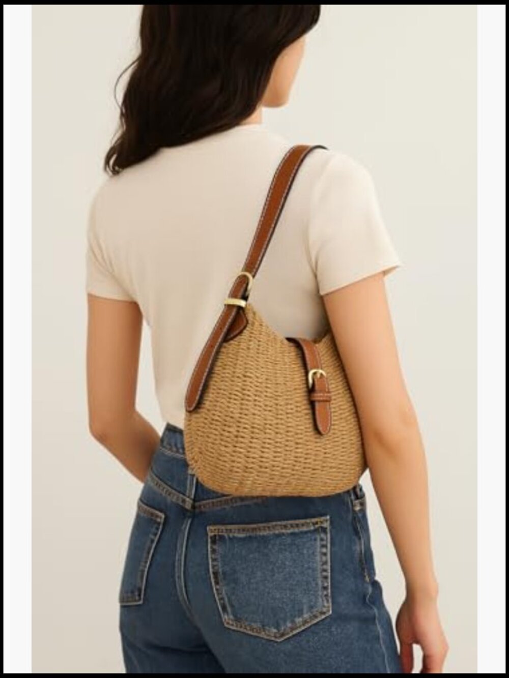 Straw Shoulder Bag Summer Beach Bag Handmade Adjustable Strap Satchel - Picture 3 of 7